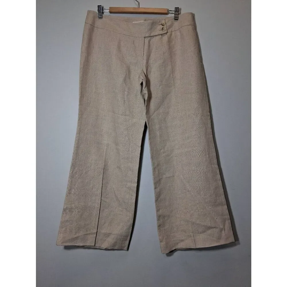 Michael kors womens size 12 wide leg cropped pants 100% linen tan beige - Picture 1 of 9
